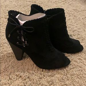 Black suede, open toe booties
